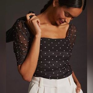 Anthropologie Shirred Mesh Polka Dot Shirt NWT